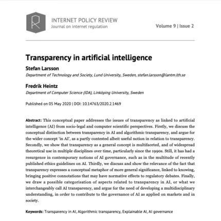 Transparency in artificial intelligence